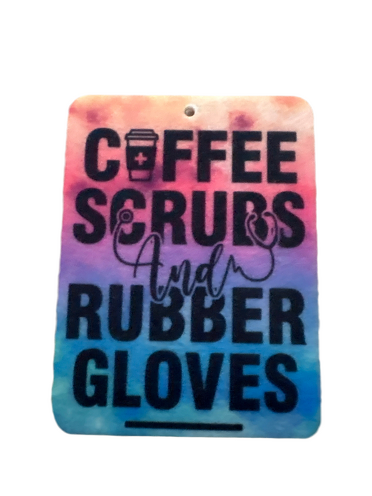Coffee scrubs and rubber gloves air freshener
